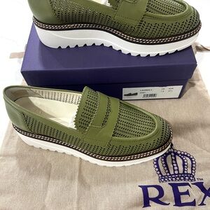 Rex Lauren Olive Green  Leather Loafer Shoe Platform Luxury SZ 37.5  New in Box